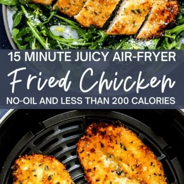 Air fryer breaded chicken breast served on a plate with herbs and vegetables.