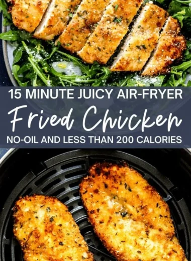 Air fryer breaded chicken breast served on a plate with herbs and vegetables.
