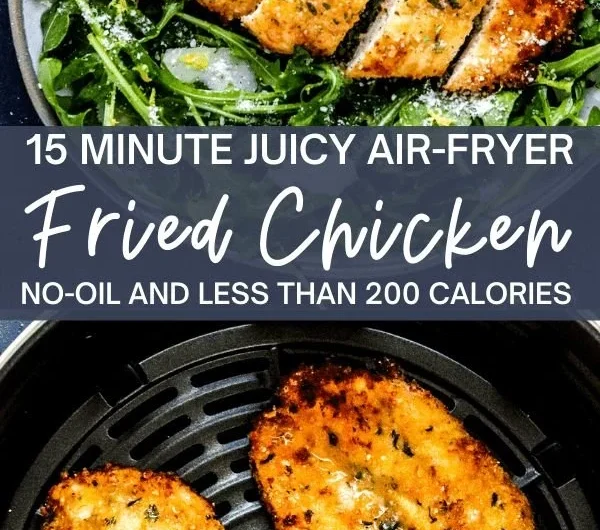 Air fryer breaded chicken breast served on a plate with herbs and vegetables.