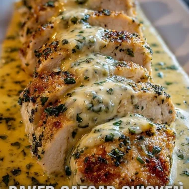 Baked Caesar Chicken with creamy Parmesan sauce served on a plate.