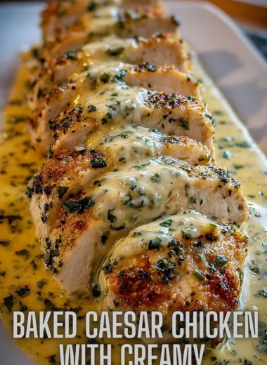 Baked Caesar Chicken with creamy Parmesan sauce served on a plate.