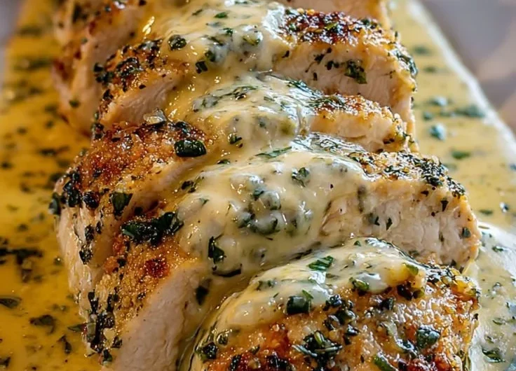 Baked Caesar Chicken with creamy Parmesan sauce served on a plate.