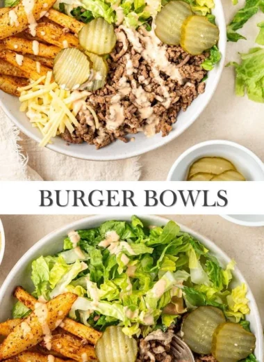 Delicious burger bowls served with fresh ingredients and toppings.
