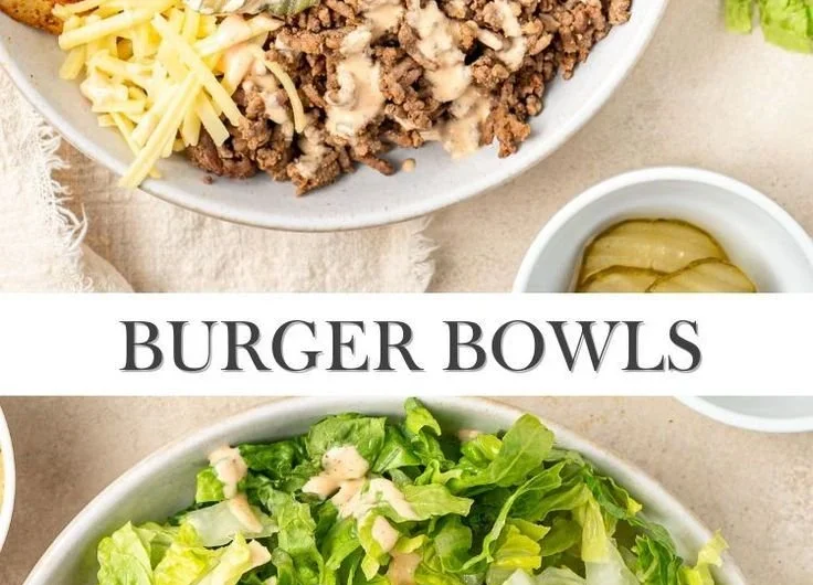 Delicious burger bowls served with fresh ingredients and toppings.