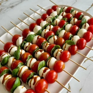Colorful Caprese Skewers with tomatoes, mozzarella, and basil drizzled in balsamic glaze