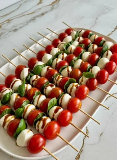 Colorful Caprese Skewers with tomatoes, mozzarella, and basil drizzled in balsamic glaze