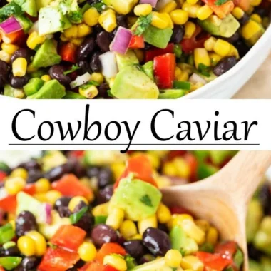 A bowl of colorful Cowboy Caviar with fresh vegetables and beans