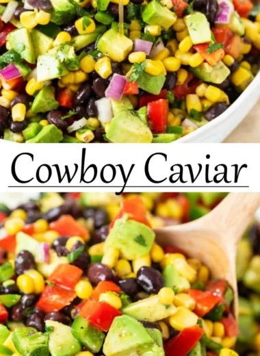 A bowl of colorful Cowboy Caviar with fresh vegetables and beans