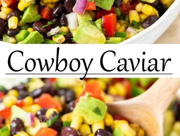 A bowl of colorful Cowboy Caviar with fresh vegetables and beans