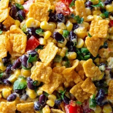 Bowl of creamy Frito Corn Salad garnished with peppers and onions