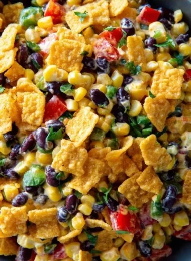 Bowl of creamy Frito Corn Salad garnished with peppers and onions