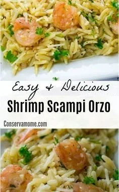 Easy shrimp scampi orzo dish with garnished parsley and lemon