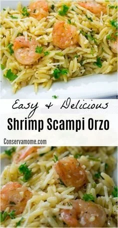 Easy shrimp scampi orzo dish with garnished parsley and lemon