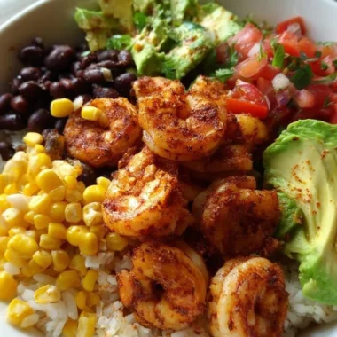 Fiesta Shrimp Rice Bowl with colorful ingredients and shrimp over rice