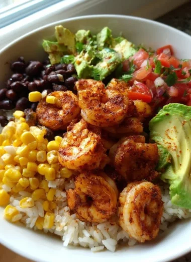 Fiesta Shrimp Rice Bowl with colorful ingredients and shrimp over rice