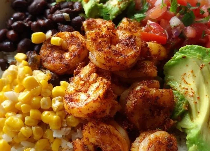 Fiesta Shrimp Rice Bowl with colorful ingredients and shrimp over rice