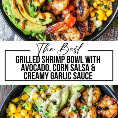 Grilled shrimp bowl with avocado and corn salsa topped with creamy garlic sauce
