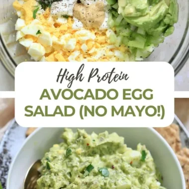 High protein avocado egg salad served in a bowl with fresh herbs