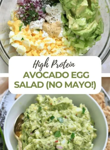 High protein avocado egg salad served in a bowl with fresh herbs