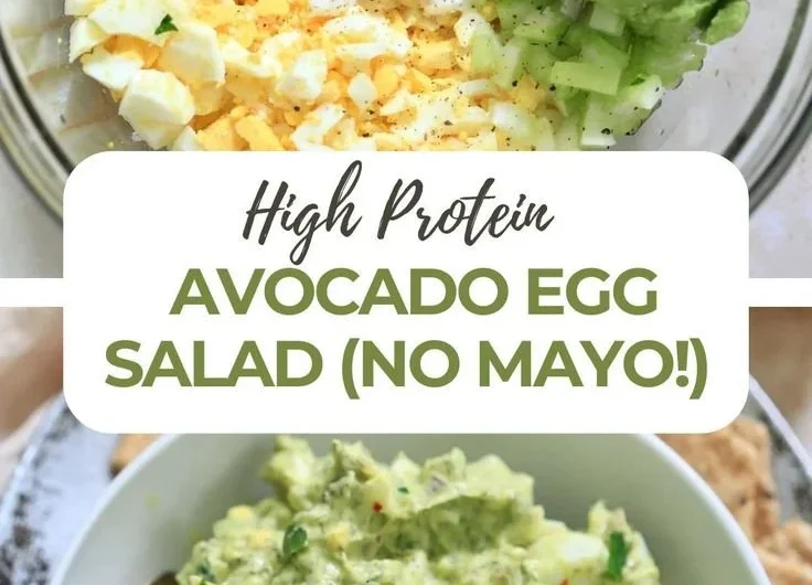 High protein avocado egg salad served in a bowl with fresh herbs