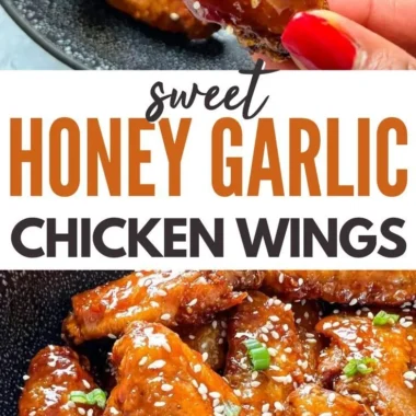 Delicious Honey Garlic Chicken Wings garnished with herbs on a platter.