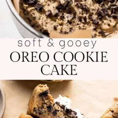 A decadent Oreo Cookie Cake topped with cream and crushed Oreo cookies.