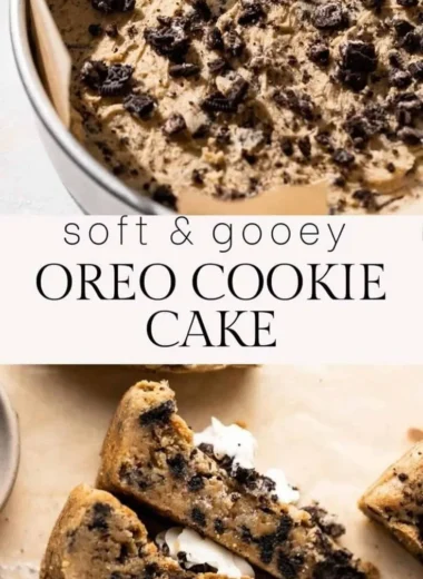 A decadent Oreo Cookie Cake topped with cream and crushed Oreo cookies.
