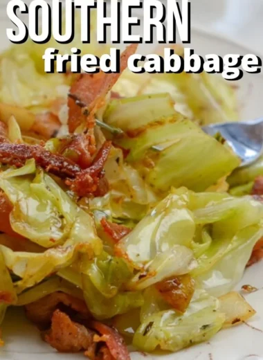 Dish of Southern Fried Cabbage with crispy bacon served in a skillet