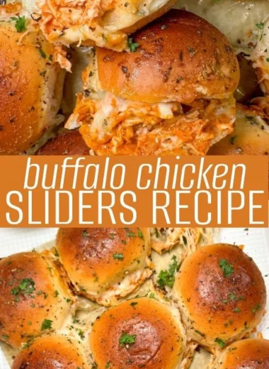 Delicious Spicy Buffalo Chicken Sliders garnished with celery and blue cheese