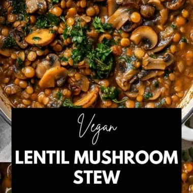 Delicious Vegan Lentil Mushroom Stew in a bowl, garnished with fresh herbs.