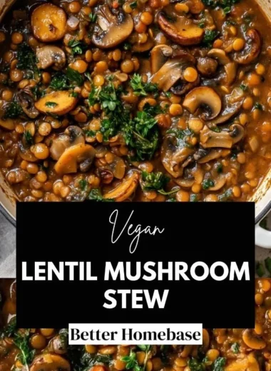 Delicious Vegan Lentil Mushroom Stew in a bowl, garnished with fresh herbs.
