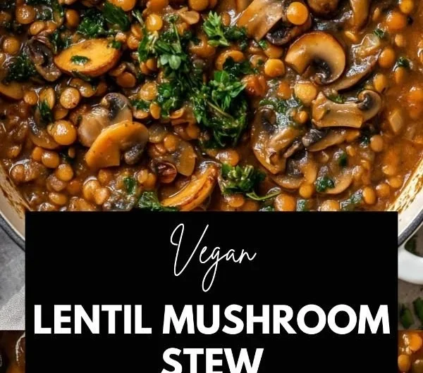 Delicious Vegan Lentil Mushroom Stew in a bowl, garnished with fresh herbs.