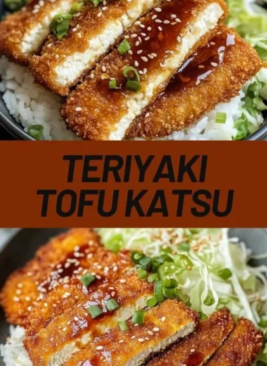 Crispy Vegan Tofu Katsu served with dipping sauce and garnished.