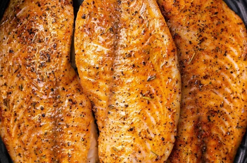 Crispy air fryer tilapia served on a plate with lemon and herbs.