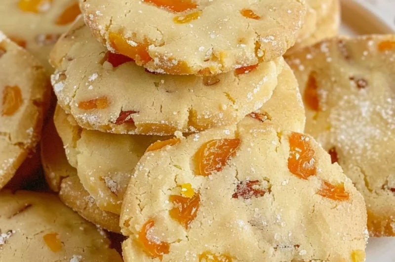 Apricot Almond Shortbread Cookies on a plate, ready to be enjoyed.