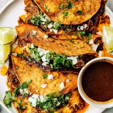 Delicious Beef Birria Tacos topped with cheese and fresh ingredients.