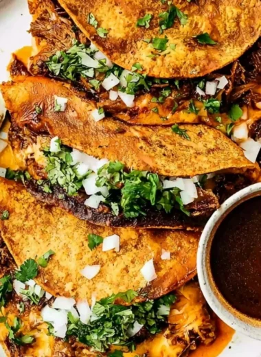 Delicious Beef Birria Tacos topped with cheese and fresh ingredients.
