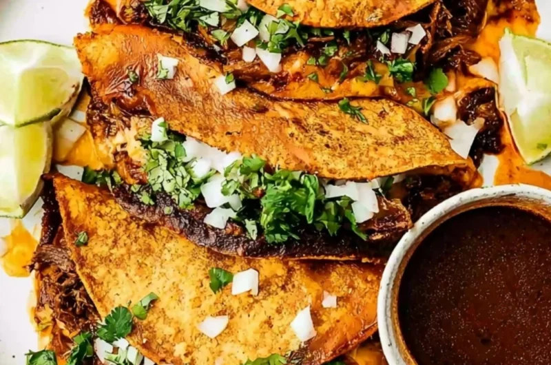 Delicious Beef Birria Tacos topped with cheese and fresh ingredients.
