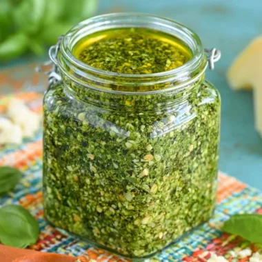 Fresh basil pesto served in a bowl with pine nuts and olive oil