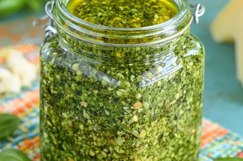 Fresh basil pesto served in a bowl with pine nuts and olive oil