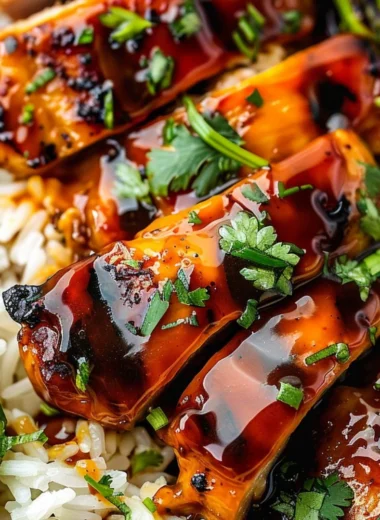 Delicious Hawaiian BBQ chicken served with grilled pineapples and rice.