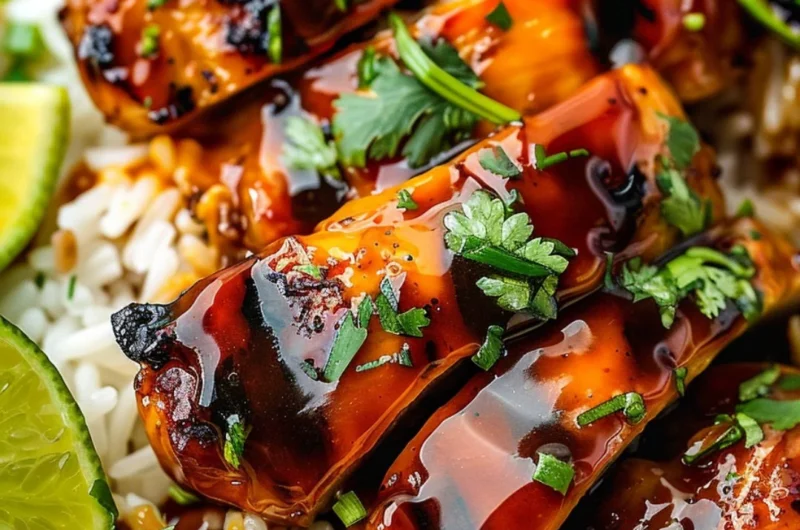 Delicious Hawaiian BBQ chicken served with grilled pineapples and rice.