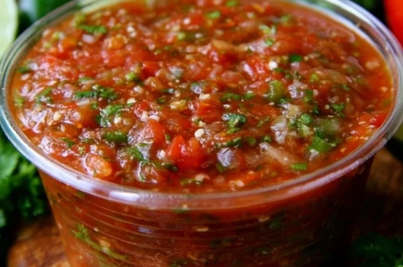 Bowl of fresh homemade salsa with tomatoes, onions, and cilantro