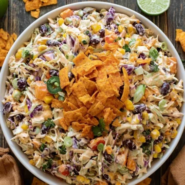 Bowl of bold flavor-packed coleslaw garnished with fresh herbs