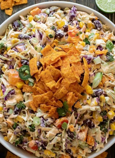 Bowl of bold flavor-packed coleslaw garnished with fresh herbs
