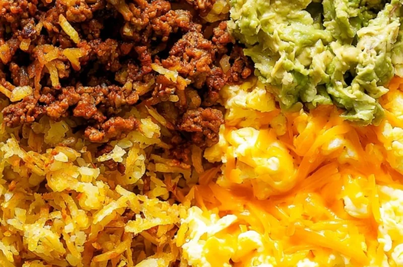 Delicious healthy breakfast burrito bowl with fresh ingredients and toppings