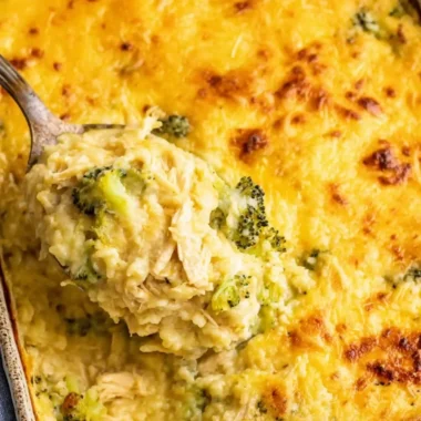 Delicious broccoli cheese casserole with rice and chicken baked in a creamy cheese sauce