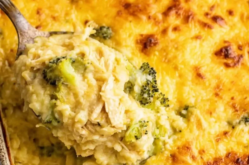 Delicious broccoli cheese casserole with rice and chicken baked in a creamy cheese sauce