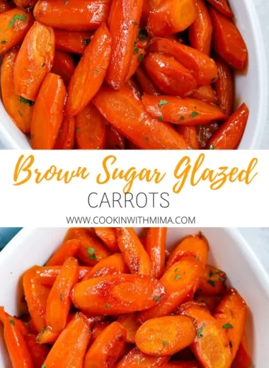 Bowl of brown sugar glazed carrots garnished with parsley