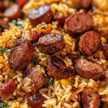 Delicious Cajun sausage and rice skillet served in a colorful bowl